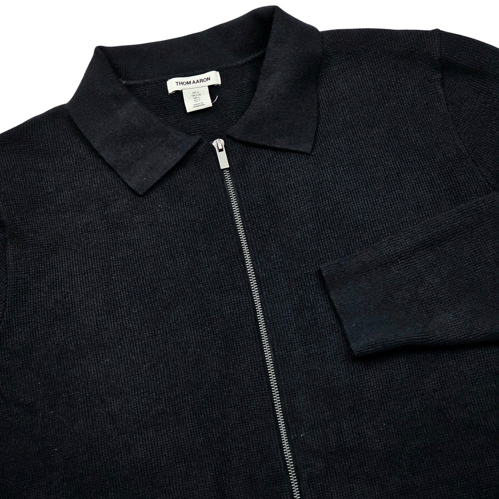 Thom Aaron Sweater Mens Large Black Full Zip Waffle Knit Polo Dark Academia